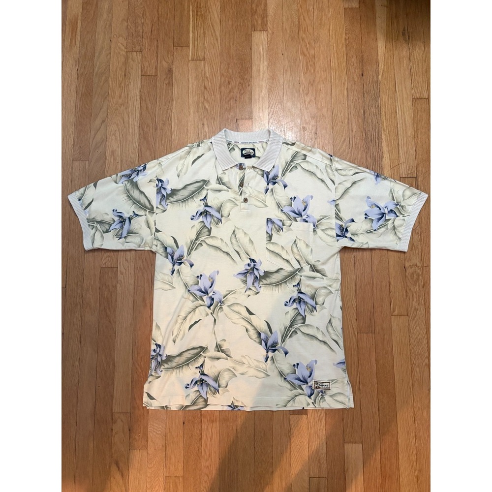 VTG Y2K Tommy Bahama Floral Hawaiian Polo Shirt Mens M Beige Cotton Aloha